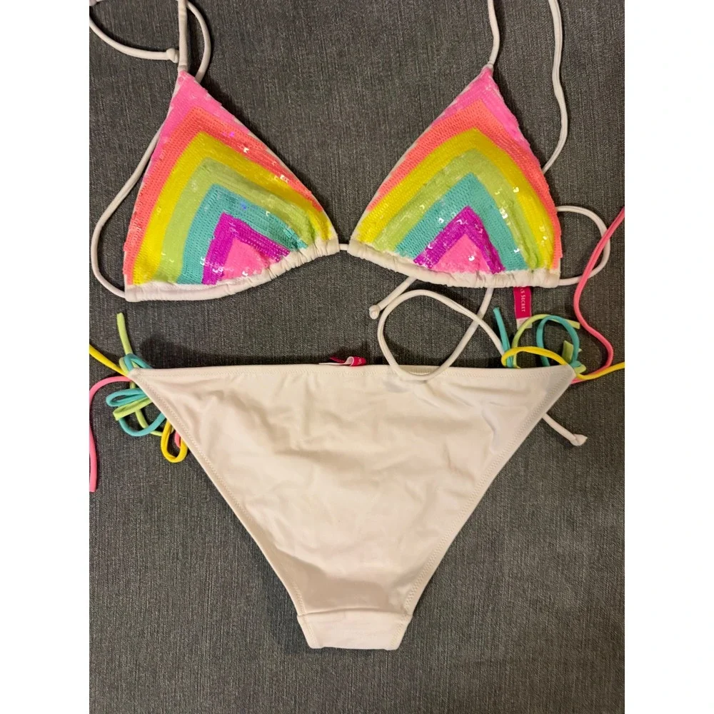 Vintage Victoria's Secret Y2K Rainbow Sequin Chevron Bikini Set L‎ Top S Bottom